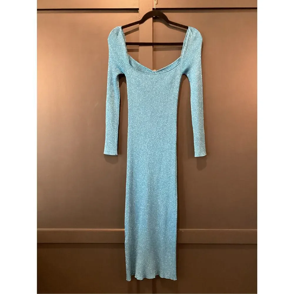 SELF PORTRAIT Blue Lurex Knit long sleeve cut out Midi Dress M